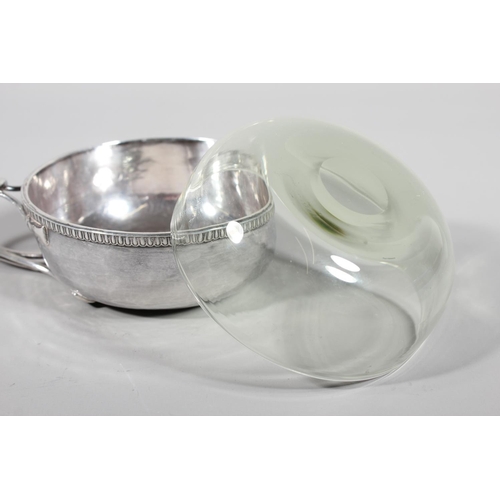29 - Sterling silver porringer with single loop handle, beaded edge border and glass liner, Guild of Hand... 