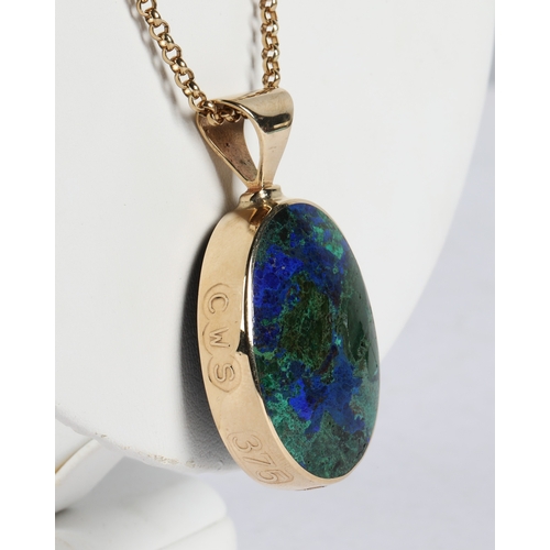 52A - 9ct gold pendant necklace, double sided pendant set with azurite malachite and likely onyx, C.W. Sel... 
