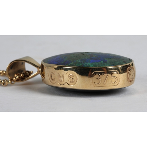 52A - 9ct gold pendant necklace, double sided pendant set with azurite malachite and likely onyx, C.W. Sel... 