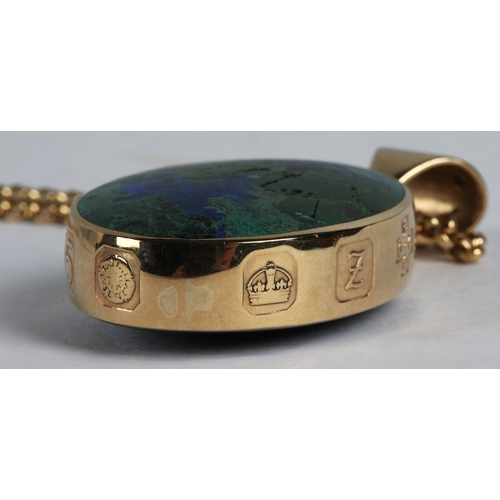 52A - 9ct gold pendant necklace, double sided pendant set with azurite malachite and likely onyx, C.W. Sel... 