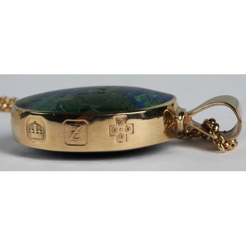 52A - 9ct gold pendant necklace, double sided pendant set with azurite malachite and likely onyx, C.W. Sel... 
