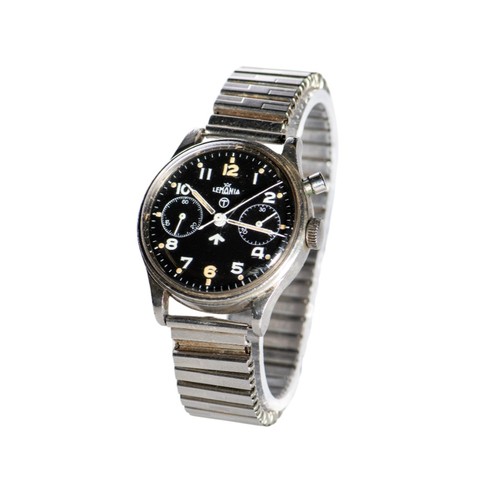 91 - Lemania. A Royal Navy military issue monopusher chronograph wristwatch, having black dial with lumin... 