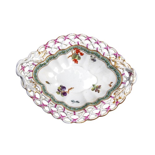 11 - Rare New Hall dessert basket, decorated in the manner of George Davis, with insects and fruit sprigs... 