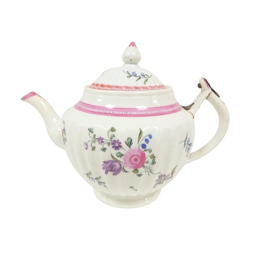 24 - Very rare New Hall teapot of corrugated urn shape, curved spout with leaf moulding (chipped) and D s... 