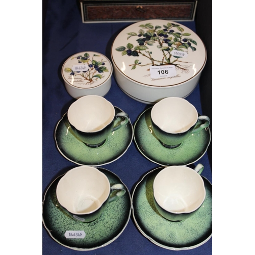 106 - Four Carltonware green ground cups and saucers and two Villeroy & Boch Botanica trinket boxes.