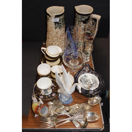 111 - Pair of French jugs, tea ware, silver-plated flatware, glass table thermometer, etc.