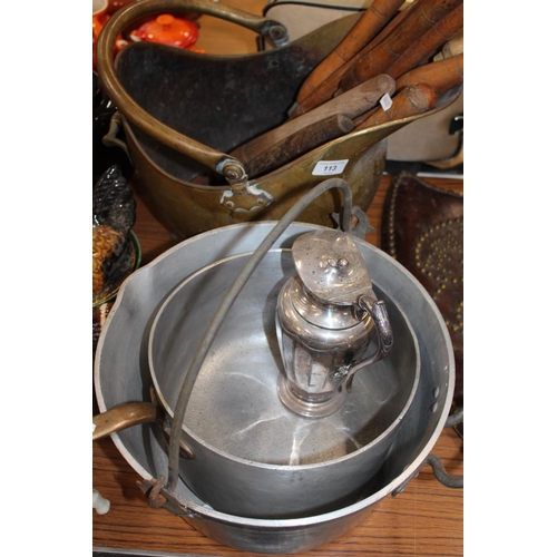 113 - Swing-handled coal scuttle, chisels, a jelly pan, a silver-plated ewer, etc.