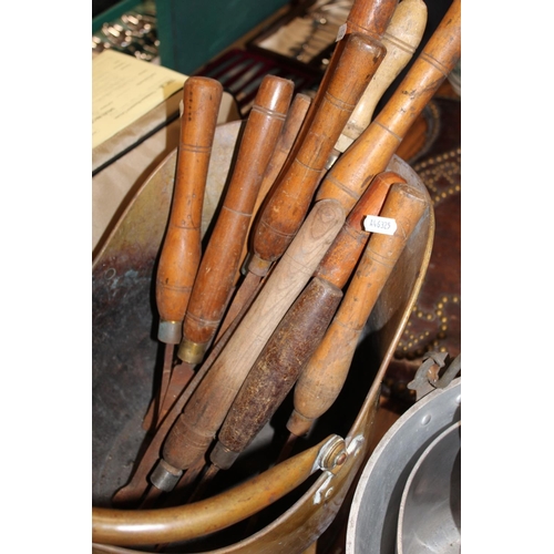 113 - Swing-handled coal scuttle, chisels, a jelly pan, a silver-plated ewer, etc.