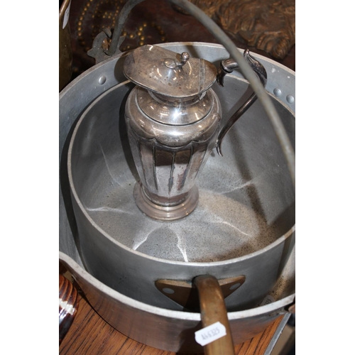 113 - Swing-handled coal scuttle, chisels, a jelly pan, a silver-plated ewer, etc.