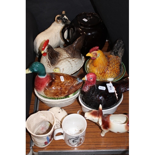 114 - Hen on nest dishes, a sheep model, a cow creamer and a Sadler teapot, etc.