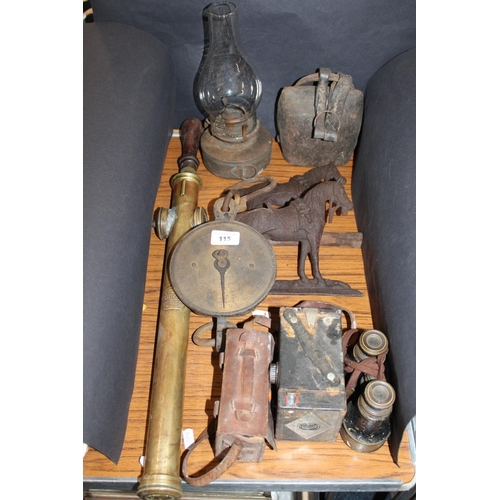 115 - C T Skelton & Co. of Sheffield water pump, cameras, opera glasses, scales, horse doorstops, a co... 