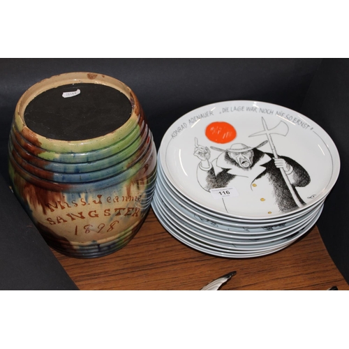 116 - Rosenthal Teller-satire collectors' plates and a Scottish Pottery crock.