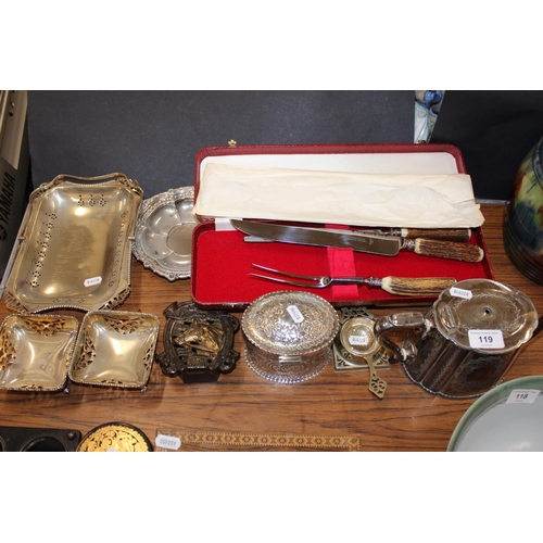 119 - Silver-plate to include bon-bon dishes, a caddy, a horn-handled carving set, a swing-handled dish, a... 
