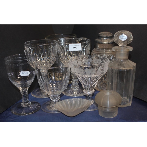21 - Pair of cut-glass goblets, glass rummers, a decanter, a cocktail shaker, a picture, a shell ashtray,...