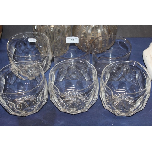 25 - Six antique glass finger bowls, a glass decanter, and a ewer....