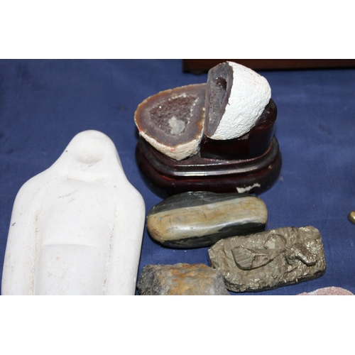 26 - Geological samples on hardwood stand, carved figures, etc....