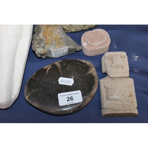 26 - Geological samples on hardwood stand, carved figures, etc....