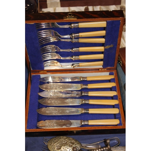 32 - Cased set of fish knives and forks, flatware, a part canteen of cutlery....