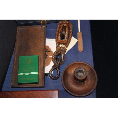 35 - Perth Mint medallion, a domino set, a boxed reproduction telescope, miniature leather shoes, etc....