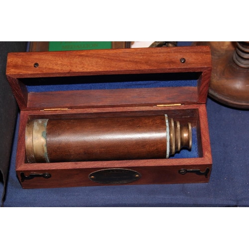 35 - Perth Mint medallion, a domino set, a boxed reproduction telescope, miniature leather shoes, etc....