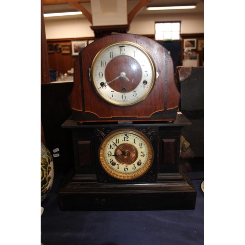 44 - Slate effect mantel clock with Arabic numeral chapter ring, and a mahogany cased mantel clock....