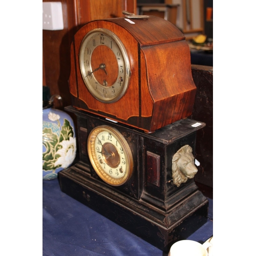 44 - Slate effect mantel clock with Arabic numeral chapter ring, and a mahogany cased mantel clock....