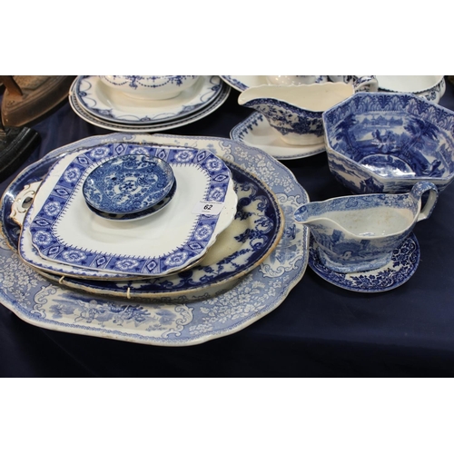 62 - Blue and white ceramics to include an ashet, tureens, side dishes, sauceboats, an hexagonal bowl, et... 