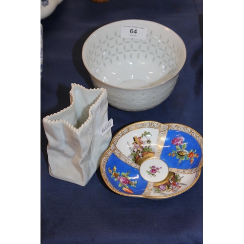 64 - White porcelain rice bowl, an Augustus Rex saucer, and a Rosenthal vase.