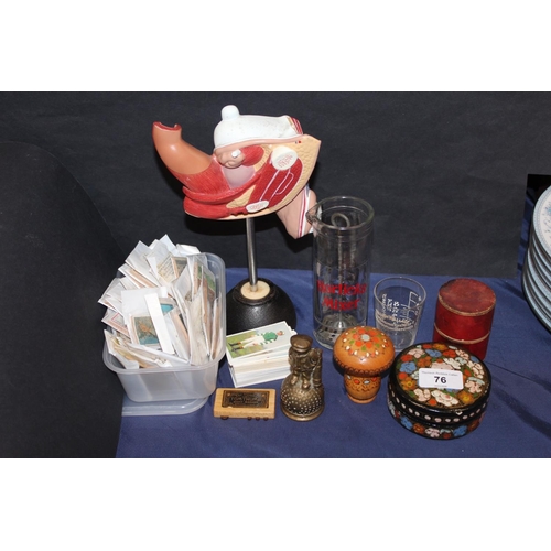 76 - Anatomical model, a Horlicks mixing glass, a golfer on golf ball brass bell, a papier mache trinket ... 