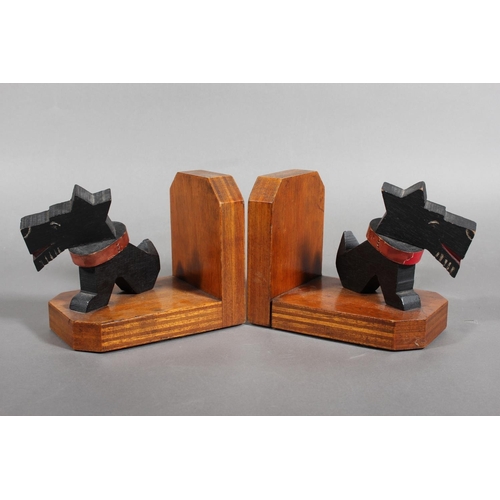 77 - Art Deco style wooden bookends with black Scottie Dog mounts.