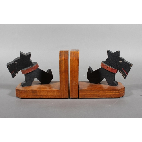 77 - Art Deco style wooden bookends with black Scottie Dog mounts.