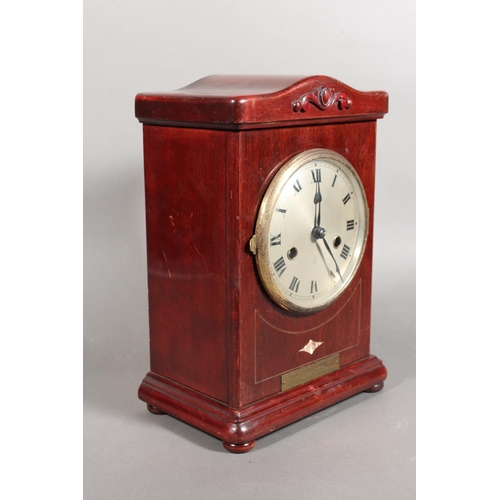 98 - Victorian mahogany mantel clock with Roman numeral chapter ring.