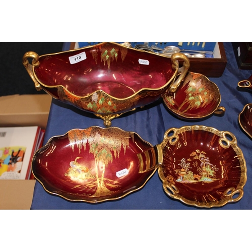 110 - Carltonware Rouge Royale to include a twin-handled bowl, a dish, and two others.