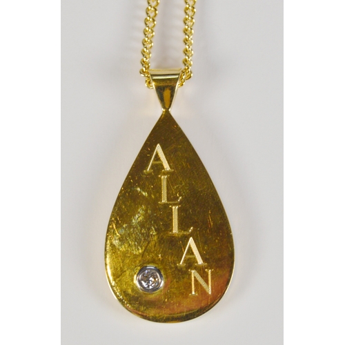 13 - 18ct gold and diamond contemporary pear-shaped name pendant, set with a small brilliant to the lower... 