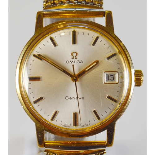 20 - Omega Genève gent's wristwatch, c. early 1970s, with gold-coloured bezel, silvered dial, baton indic... 