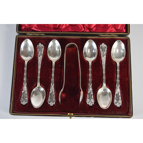 52 - Set of six silver teaspoons and tongs,by Cooper Brothers & Sons Ltd., Sheffield, in fitted lined... 