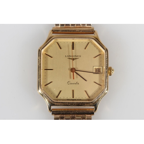 180 - Gents 9ct yellow gold Longines wristwatch, the octagonal champagne coloured dial with date aperture ... 