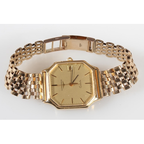 180 - Gents 9ct yellow gold Longines wristwatch, the octagonal champagne coloured dial with date aperture ... 