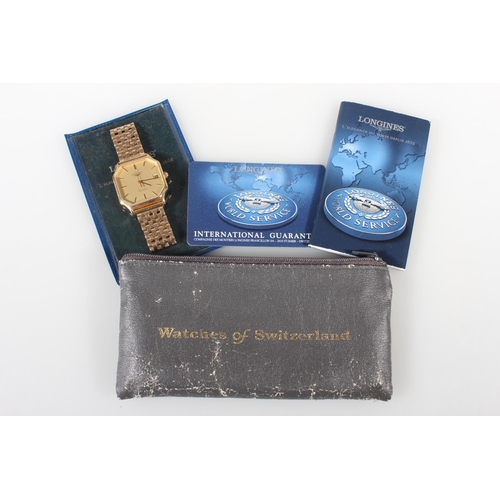 180 - Gents 9ct yellow gold Longines wristwatch, the octagonal champagne coloured dial with date aperture ... 