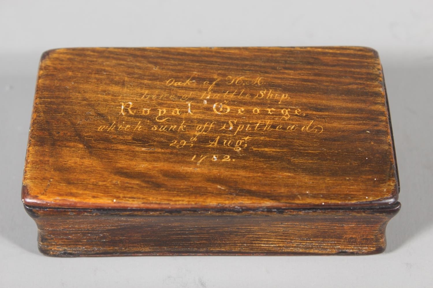 Antique oak snuff box - reputedly made of 'oak Line of Battleship Royal ...