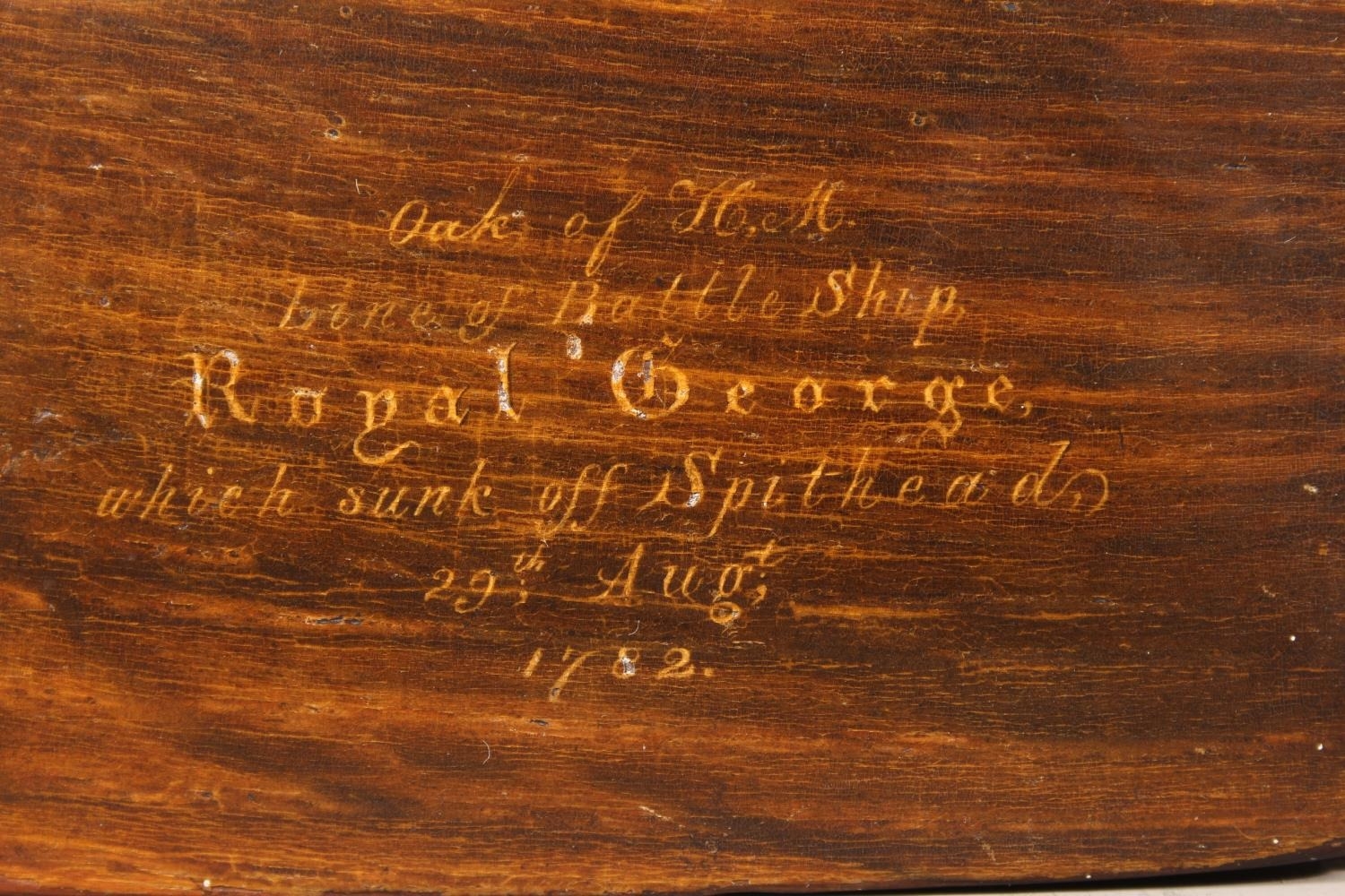 Antique oak snuff box - reputedly made of 'oak Line of Battleship Royal ...