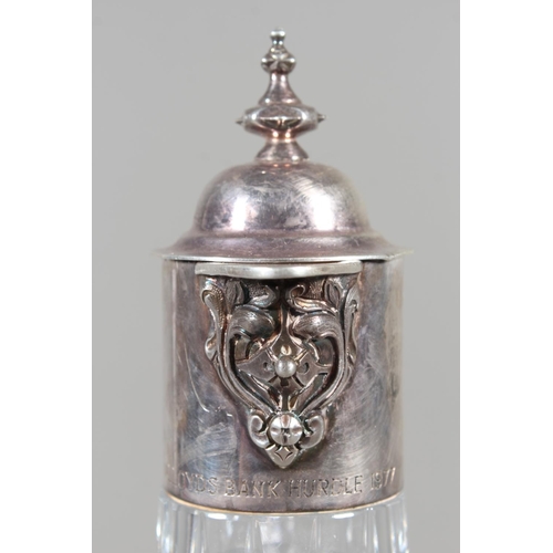 57 - Modern silver topped cut glass ewer, the hobnail body mounted with mythical beast, Roberts & Bel... 