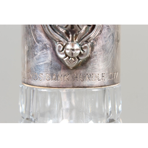57 - Modern silver topped cut glass ewer, the hobnail body mounted with mythical beast, Roberts & Bel... 