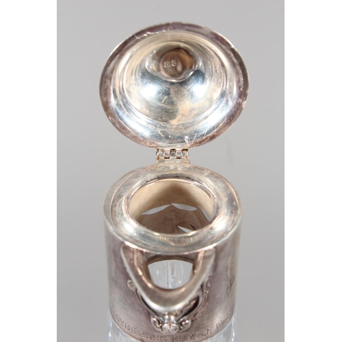 57 - Modern silver topped cut glass ewer, the hobnail body mounted with mythical beast, Roberts & Bel... 