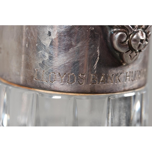 57 - Modern silver topped cut glass ewer, the hobnail body mounted with mythical beast, Roberts & Bel... 