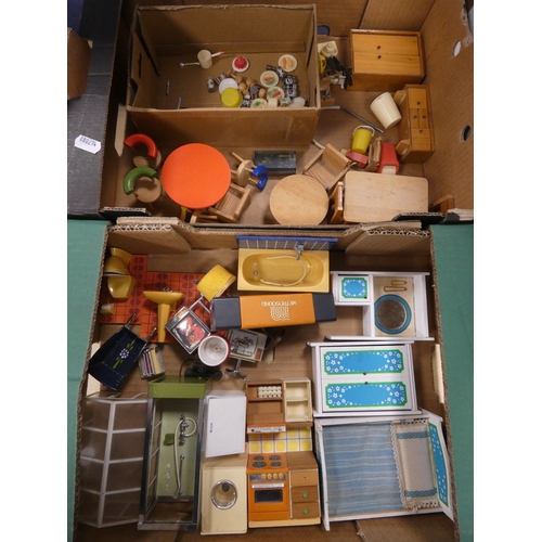 12 - Two cartons containing miscellaneous doll's furniture to include a shower, kitchen, table, sideboard...