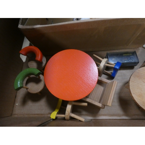 12 - Two cartons containing miscellaneous doll's furniture to include a shower, kitchen, table, sideboard...