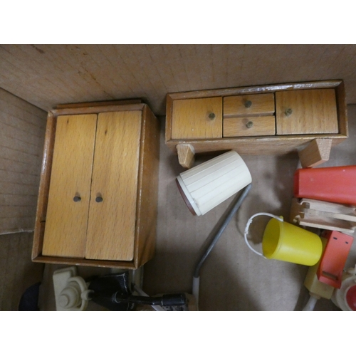 12 - Two cartons containing miscellaneous doll's furniture to include a shower, kitchen, table, sideboard...