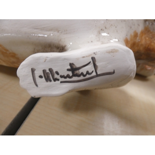 13 - Pair of Bo'ness lions (eyes lacking), pair of Staffordshire dogs and a fox with amber-coloured bead ...