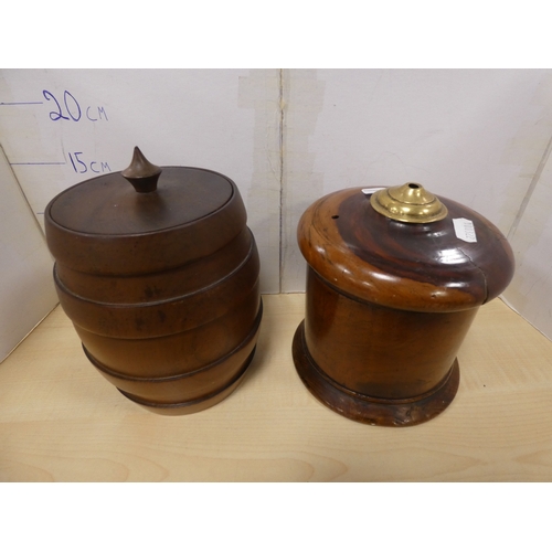 15 - Lignum vitae string holder and a biscuit barrel.  (2)...